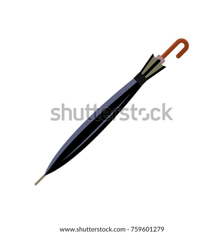 Stylized closed, folded, rolled black umbrella, traditional attribute of English gentlemen, flat vector illustration isolated on white background. Flat style closed, folded classic black umbrella