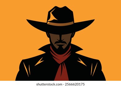 A stylized, close-up, and bold silhouette of a dark-skinned cowboy in a wide-brimmed black hat and dark coat with a red neckerchief