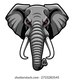 Uma ilustração estilizada de perto da cabeça de um elefante, com orelhas grandes, presas proeminentes e olhos vermelhos intensos.