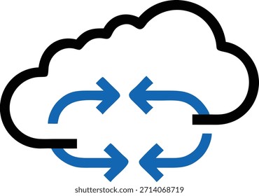 Un icono estilizado de la nube con flechas que indican el intercambio y la sincronización de datos, que representa una comunicación y transferencia de información fluidas en un entorno digital.