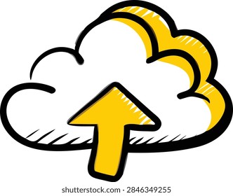 A stylized cloud icon featuring an upward arrow representing cloud upload or data transfer in digital environments.