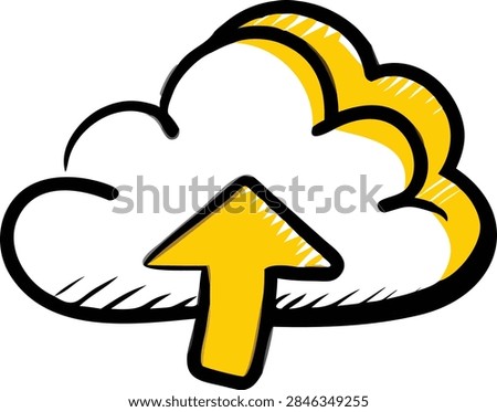 A stylized cloud icon featuring an upward arrow representing cloud upload or data transfer in digital environments.