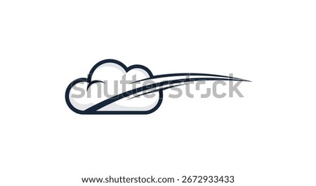 A stylized cloud icon with sleek, curved lines extending from it, suggesting motion and speed, rendered in a clean, minimalist black and white design.