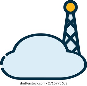 Stylized cloud with lattice signal tower and yellow node. Ideal for cloud telecom, data transfer, and infrastructure visuals.