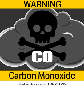 stylized cloud of poisonous gas with black skull and carbon monoxide warning text on yellow