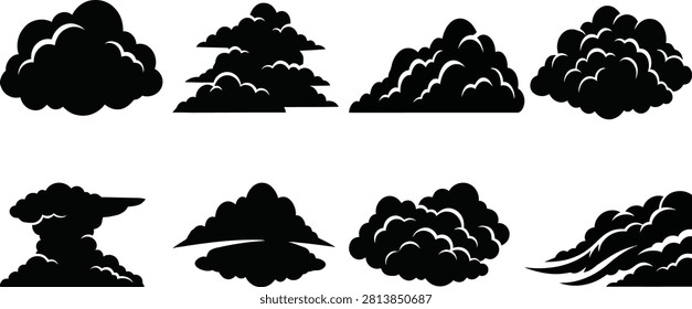 Stylized Cloud Silhouette Collection Featuring Cumulus and Stratus Shapes for Weather Graphics and Vector Design Projects