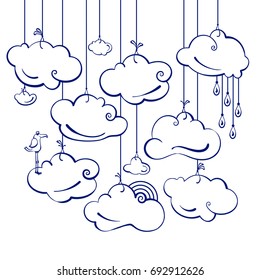 Stylized clouds on the ropes with raindrops, rainbow and bird. Contour.