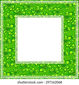 Stylized clover leaves pattern frame on a green background.