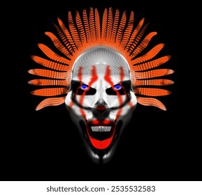 A stylized clown face with bright red and blue markings around the eyes, red lips, and an intricate orange and white headdress on a black background. Made from a variety of dots and particles.