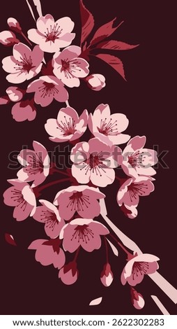 A stylized cluster of pink cherry blossoms, detailed petals and stamens, against a deep maroon background.