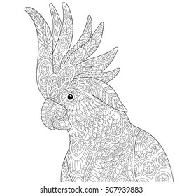 Stylized cockatoo parrot, isolated on white background. Freehand sketch for adult anti stress coloring book page with doodle and zentangle elements.