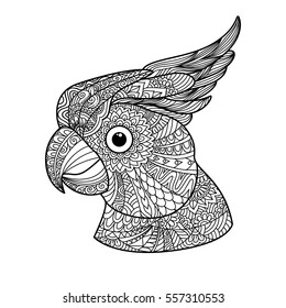 Stylized cockatoo parrot, isolated on white background. Freehand sketch for adult anti stress coloring book page with doodle and zentangle elements