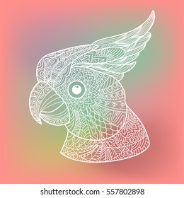 Stylized cockatoo parrot, white outline illustration on gradient background. Freehand sketch for cards banners print with doodle and zentangle elements