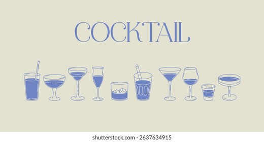 Stylized cocktail glasses with handwritten “cocktail” text. Minimal blue line art illustration, great for bar menus, posters, drink recipes, and party designs.