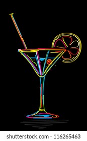 Stylized cocktail icon, isolated and grouped objects on black