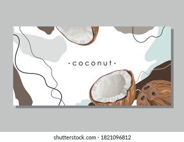 Coco estilizado sobre un fondo abstracto con el texto. Cartel, afiche, papel de envoltura, pegatina, impresión, diseño textil moderno. Ilustración vectorial. 