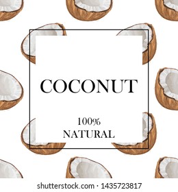 Stylized coconut on a white background with the text "coconut, 100% natural". Banner, poster, card, wrapping paper, sticker, print, modern textile design. Vector illustration.