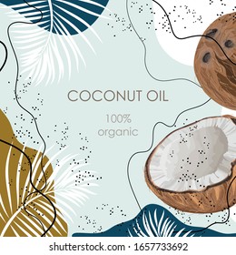 Stylized coconut with palm leaves on an abstract background. 100% organic