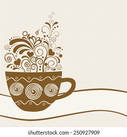 Stylized coffee cup with floral elements and place for text