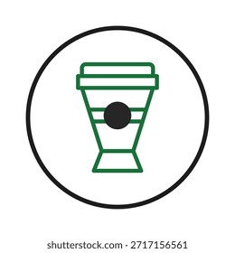 Un icono estilizado de taza de café está diseñado con una estética limpia y minimalista, sobre un fondo blanco en un anillo negro. El contorno verde enfatiza sus líneas artísticas modernas y su forma, sugiriendo