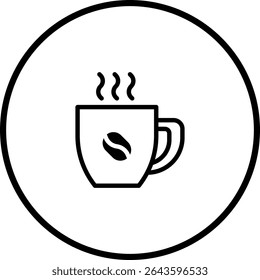 Stylized coffee cup icon with steam in a circular frame for branding use