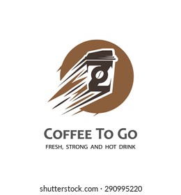 Stylized coffee cup label. Moving coffee cup logo.