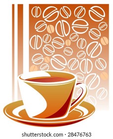 Stylized coffee cup on a coffee beans background.
