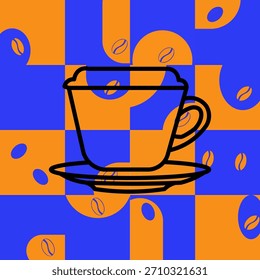 A stylized coffee cup and scattered beans sit against a vibrant blue and orange geometric background.