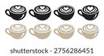 Stylized Coffee Cups with Heart Latte Art Icon Set on White Background, Minimalist Beverage Graphic.