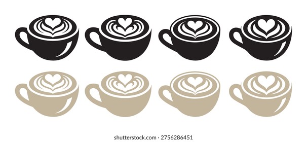 Stylized Coffee Cups with Heart Latte Art Icon Set on White Background, Minimalist Beverage Graphic.
