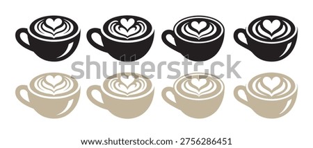 Stylized Coffee Cups with Heart Latte Art Icon Set on White Background, Minimalist Beverage Graphic.
