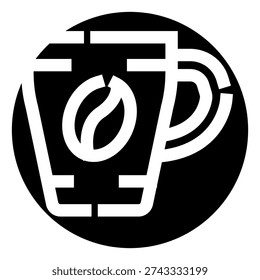 Stylized coffee mug and bean in high contrast circular emblem, minimalist black and white icon ideal for cafe branding, menus, logos, signage, and morning beverage concepts