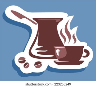 Stylized coffee set and coffee beans on a blue background.
