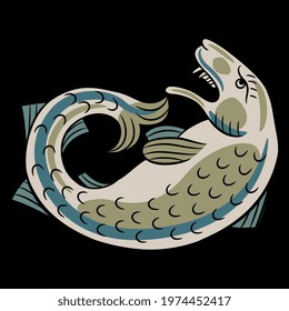 Stylized coiled fish. Medieval folk style. Isolated vector illustration. On black background.