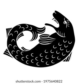 Stylized coiled fish. Medieval folk style. Black and white negative silhouette. Isolated vector illustration.