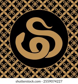 Stylized coiled gold snake silhouette in black circle frame on geometric patterned background. Elegant design for 2025 New Year. Vector illustration