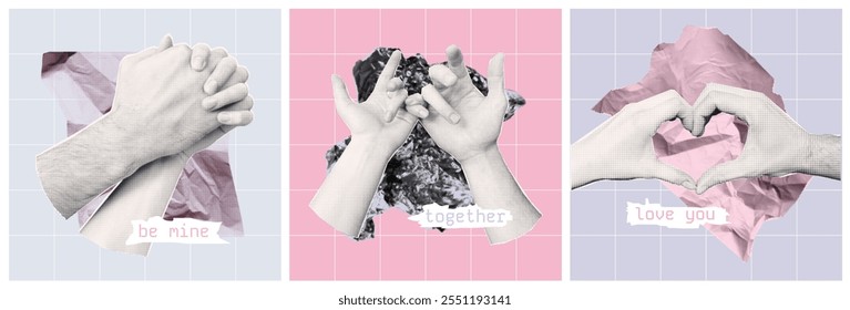 Stylized collage featuring hands in romantic gestures, rendered in pastel halftone style with grid overlays. Perfect for love, relationships, and Valentine's themes