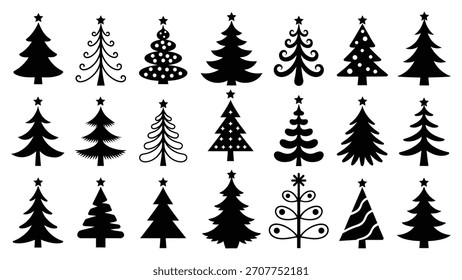 Stylized collection of 20 unique Christmas tree silhouettes with stars and ornaments, ideal for festive design projects, seasonal decoration, greeting cards, and holiday inspiration
