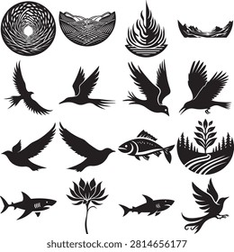 A stylized collection of black and white vector icons depicting various birds in flight, fish swimming, and plant elements like leaves and flowers. Perfect for nature-themed projects, educational materials, or minimalist designs.