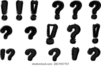 A stylized collection of bold black question and exclamation marks in a variety of shapes and sizes, ideal for infographics, presentations, and user interfaces.