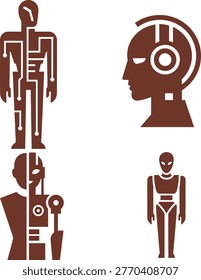 A stylized collection of four flat icons depicting humanoid robots and artificial intelligence concepts. The set includes a full-body robot with circuit-like internal lines, a robotic human head with embedded tech elements, a half-human half-machine hybrid figure, and a simplified android silhouette. Rendered in a monochromatic brown tone with clean geometric detailing, these icons effectively represent AI anatomy, cybernetics, and human-machine integration—ideal for futuristic, robotics, and technology-focused designs.