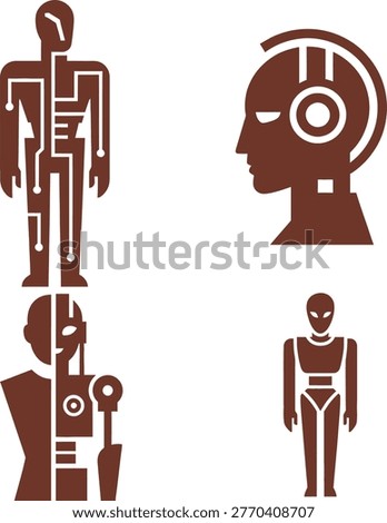A stylized collection of four flat icons depicting humanoid robots and artificial intelligence concepts. The set includes a full-body robot with circuit-like internal lines, a robotic human head with embedded tech elements, a half-human half-machine hybrid figure, and a simplified android silhouette. Rendered in a monochromatic brown tone with clean geometric detailing, these icons effectively represent AI anatomy, cybernetics, and human-machine integration—ideal for futuristic, robotics, and technology-focused designs.
