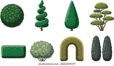 A stylized collection of ornamental topiary trees, trimmed hedges, bushes, and shaped shrubs isolated on white. Suitable for landscape design, garden planning, architectural visualization, maps, and nature-themed projects.