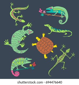 Stylized collection of tropical animals in bright colors. Vector illustration.