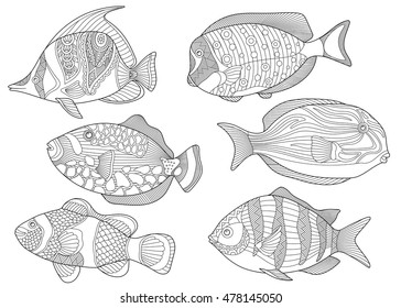 Stylized collection of underwater tropical fishes. Freehand sketch for adult anti stress coloring book page with doodle and zentangle elements.