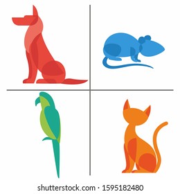 Stylized color drawings of pets. Dog and parrot, cat and hamster