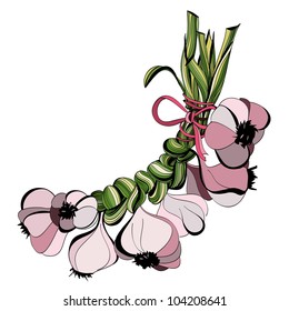 Stylized color sketch of a bundle of garlic groves tied with pink ribbon