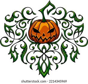 Stylized color vector creepy Halloween pumpkin Jack o lantern with ornamental elements