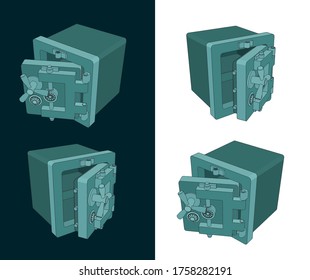 Stylized color vector illustrations of a closed and open safe