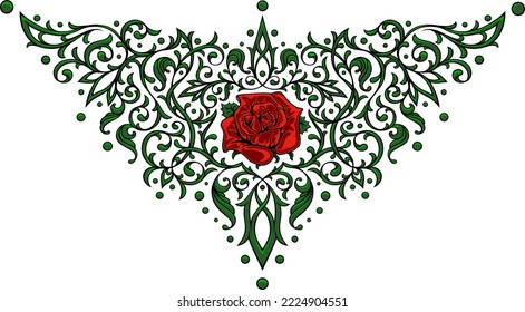 Stylized color victorian gothic ornament with rose. Tattoo under breast, necklace shape, on the back, design element